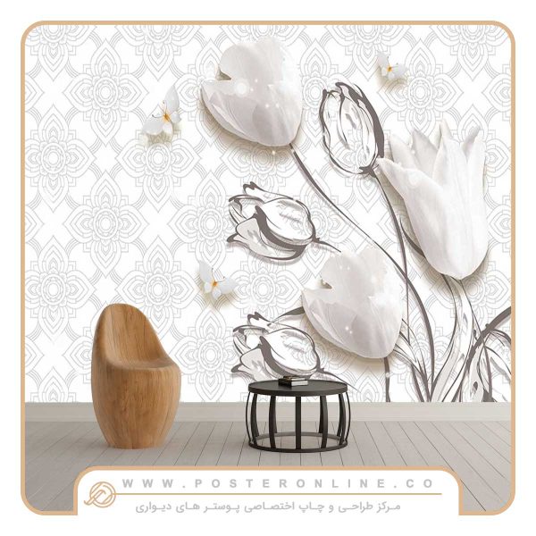 پوستر دیواری گل سه بعدی لاله سفید  کد G-3972