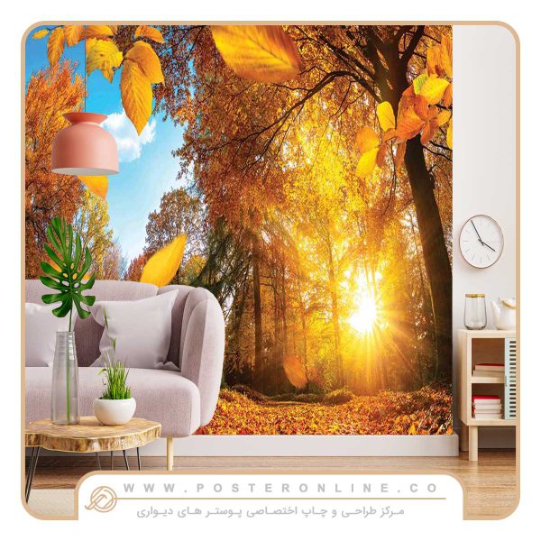 پوستر دیواری منظره طرح بازتاب نور و درختان پاییزی