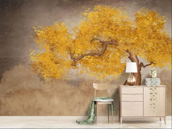 پوستر دیواری گل سه بعدی با برگ ها طلایی