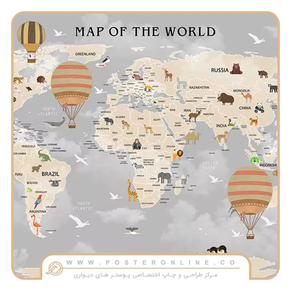 پوستر دیواری کودک نقشه حیوانات جهان