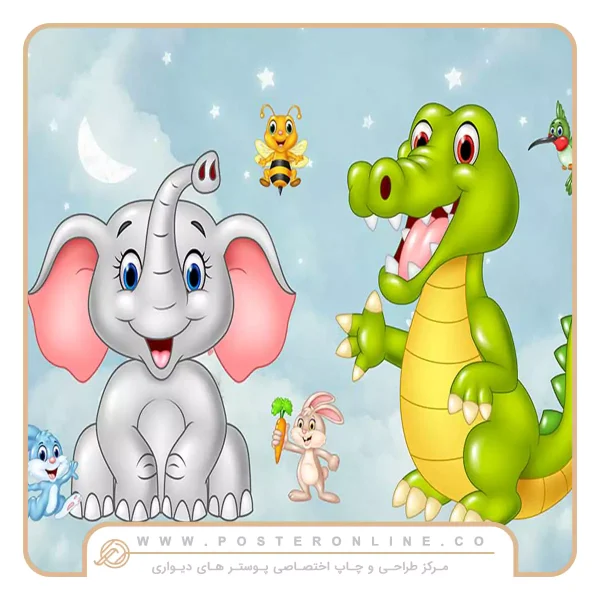 پوستر دیواری کودک طرح دوستی دایناسور و فیل