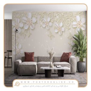 پوستر دیواری گل سه بعدی سفید زرد
