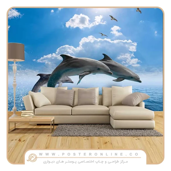 پوستر دیواری حیوانات طرح شنای دلفین ها