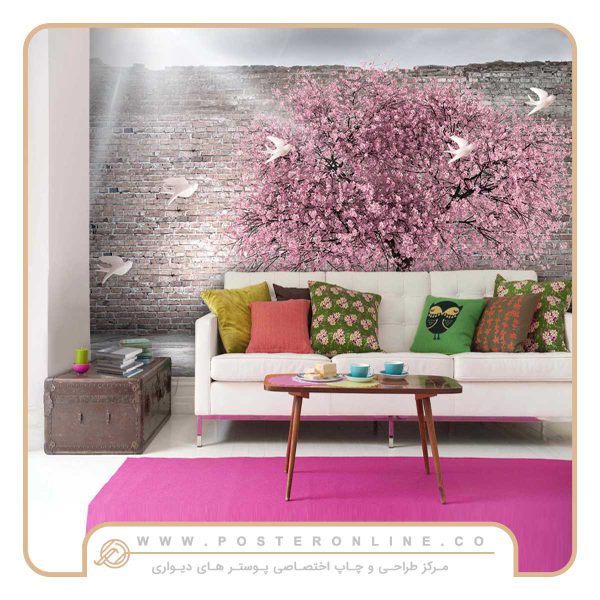 پوستر دیواری طرح کبوتران و درخت شکوفه