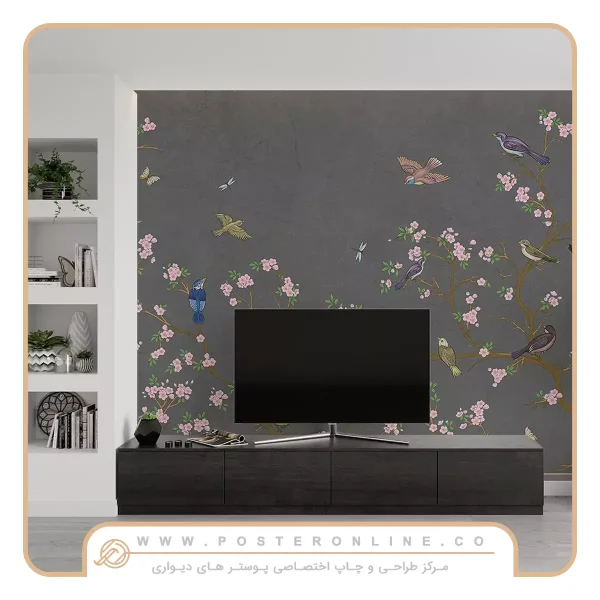 پوستر دیواری پشت تلویزیون طرح پرنده و شکوفه کد mt-85102