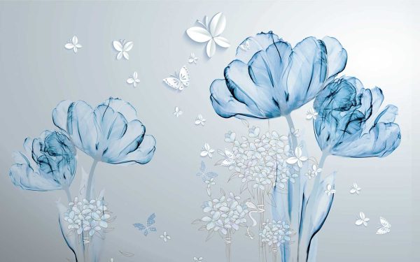 پوستر دیواری گل های سه بعدی آبی آسمانی