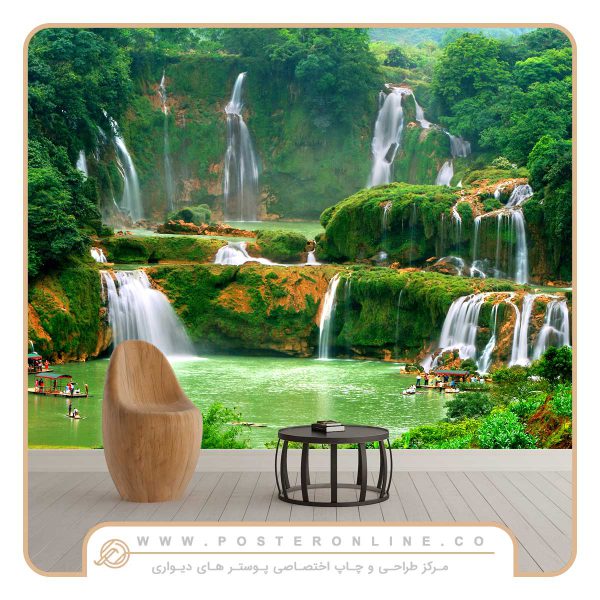 پوستر دیواری منظره طبیعت طرح آبشار و دریاچه جنگلی کد S-0010