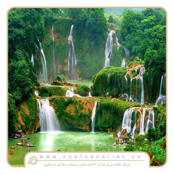پوستر دیواری منظره طبیعت طرح آبشار و دریاچه جنگلی