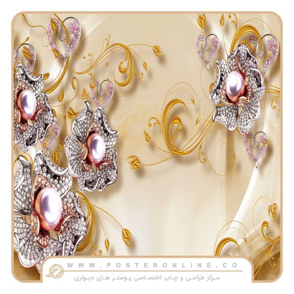 پوستر دیواری گل سه بعدی طرح گل جواهری نقره ای