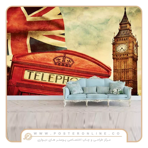 پوستر دیواری شهر لندن طرح برج ساعت و پرچم انگلیس