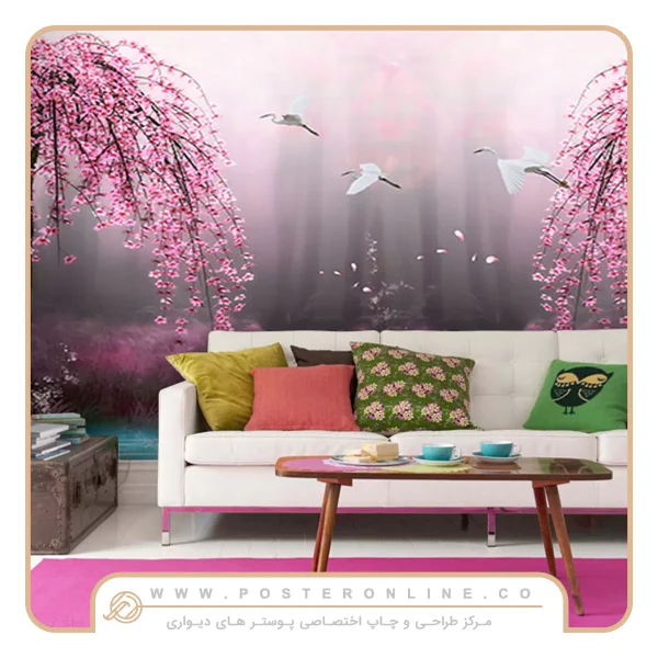 پوستر دیواری منظره درختان با شکوفه صورتی