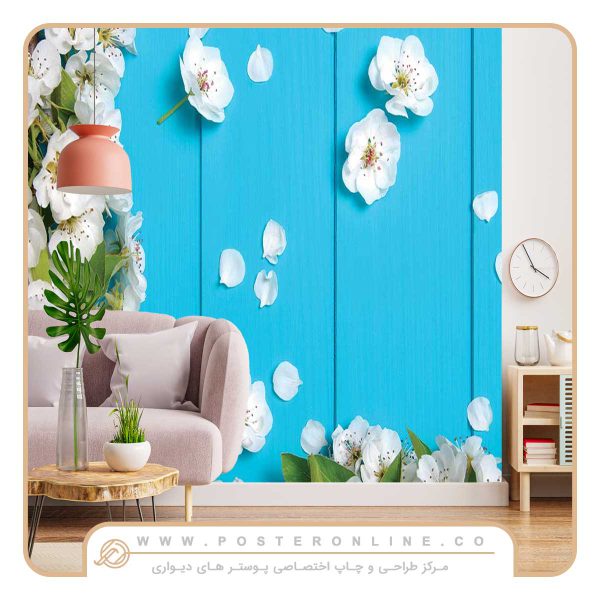 پوستر دیواری گل های سفید و بک گراند آبی