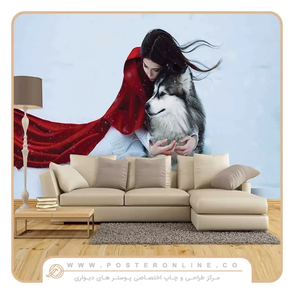 پوستر دیواری حیوانات طرح گرگ و دختر شنل پوش
