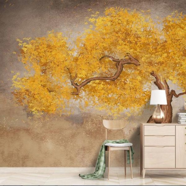 پوستر دیواری گل سه بعدی با برگ ها طلایی