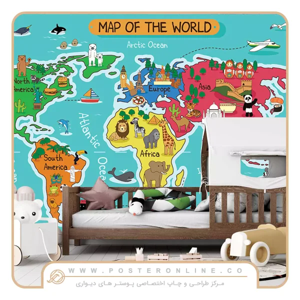 پوستر دیواری کودک نقشه حیوانات جهان