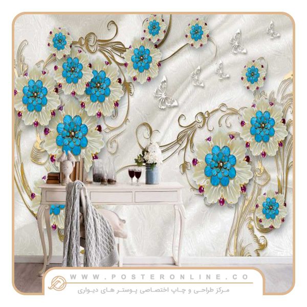پوستر دیواری گل سه بعدی سفید آبی
