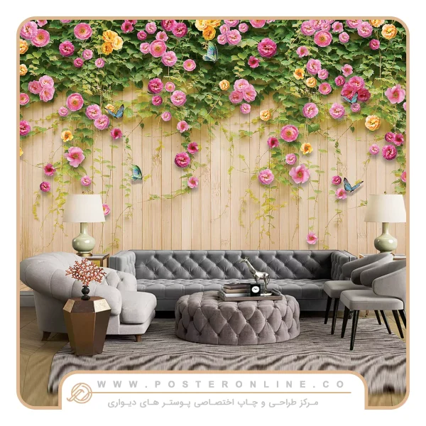 پوستر دیواری گل های بهاری دیوار چوبی