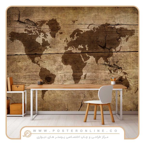 پوستر دیواری نقشه جهان روی دیوار چوبی