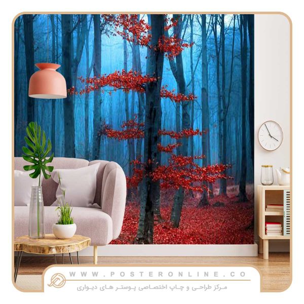 پوستر دیواری منظره پاییزی طرح درخت با برگ نارنجی
