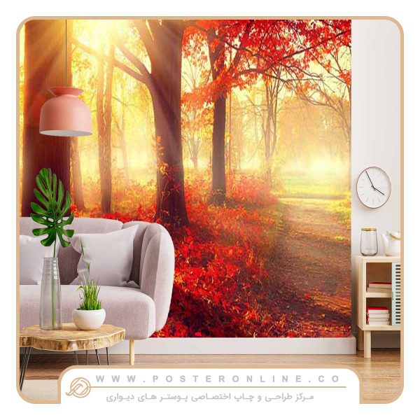 پوستر دیواری منظره پاییز غروب و درختان