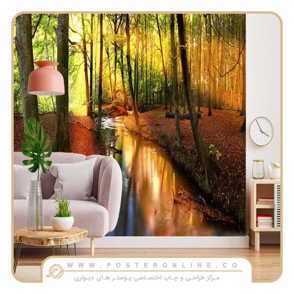پوستر دیواری منظره پاییز طرح جنگل و برکه