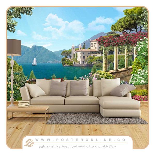 کاغذ دیواری منظره دریا طرح عمارت ساحلی