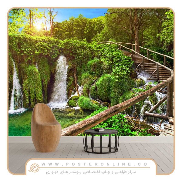 پوستر دیواری منظره آبشار و راه چوبی