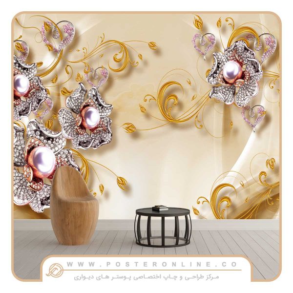 پوستر دیواری گل سه بعدی طرح گل جواهری نقره ای