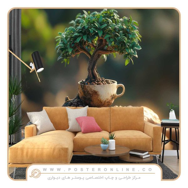 کاغذ دیواری کافی شاپ طرح فنجان و بوته قهوه