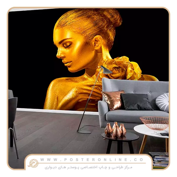 کاغذ دیواری تصویر چهره زن طلایی رنگ
