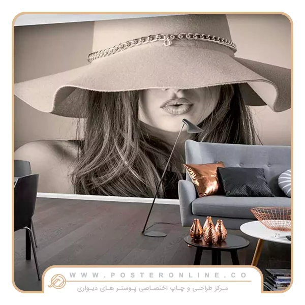 کاغذ دیواری تصویر چهره زن با کلاه