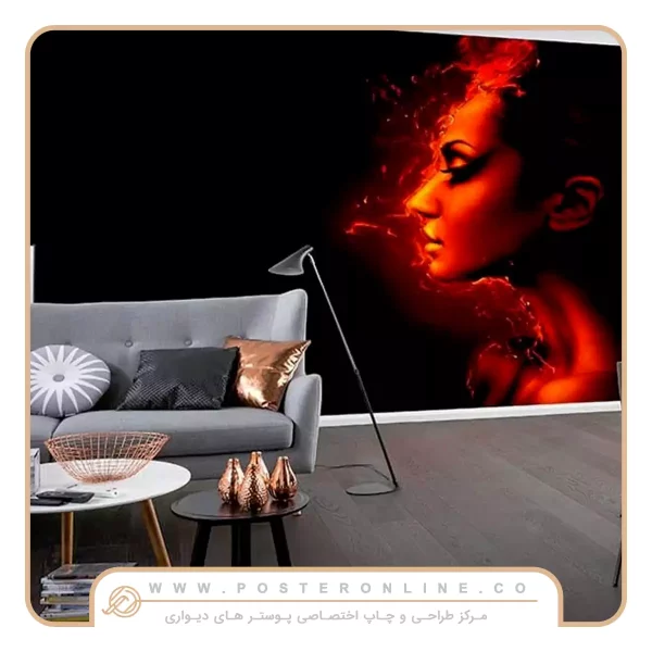 کاغذ دیواری نیم رخ چهره زن و آتش