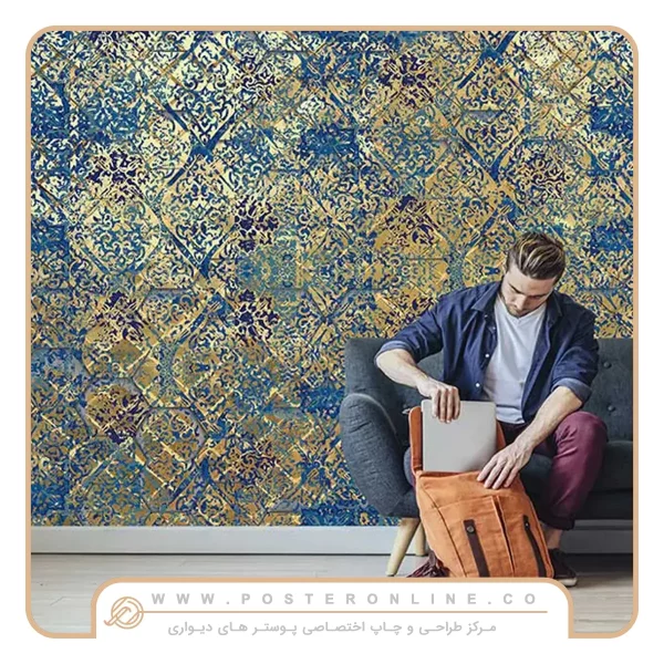پوستر دیواری پتینه لاکچری آبی طلایی