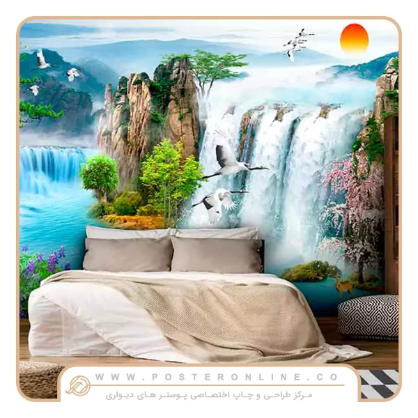پوستر دیواری منظره آبشار و پرندگان77