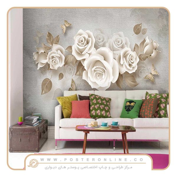 پوستر دیواری گل سه بعدی رز استخوانی